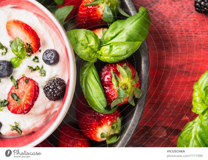 Yoghurt with fresh summer berries Food Fruit Dessert Nutrition Breakfast Organic produce Vegetarian diet Diet Milk Plate Bowl Lifestyle Style Design