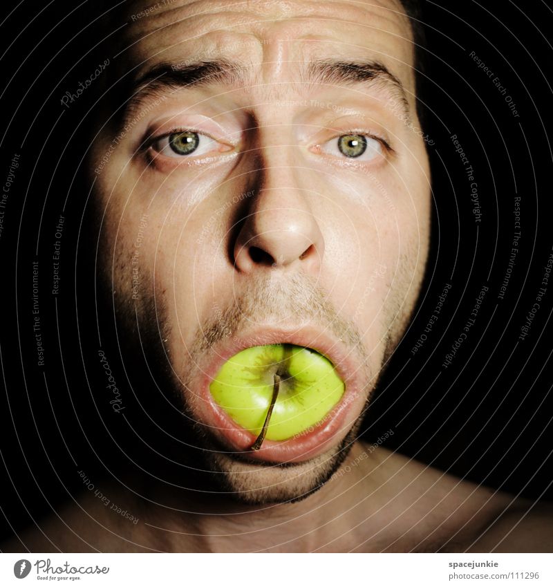 An apple a day keeps the doctor away Man Portrait photograph Freak Delicious Sweet Feed Nutrition Crazy Whimsical Green Joy Apple Fruit bite into Food Eating