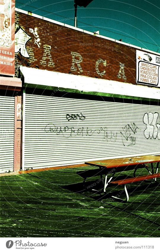 coney island 5 Americas New York City Facade Closed Store premises Table Red Brown Brick Wood Empty Extinct Summer Physics Hot Coney Island street Bench