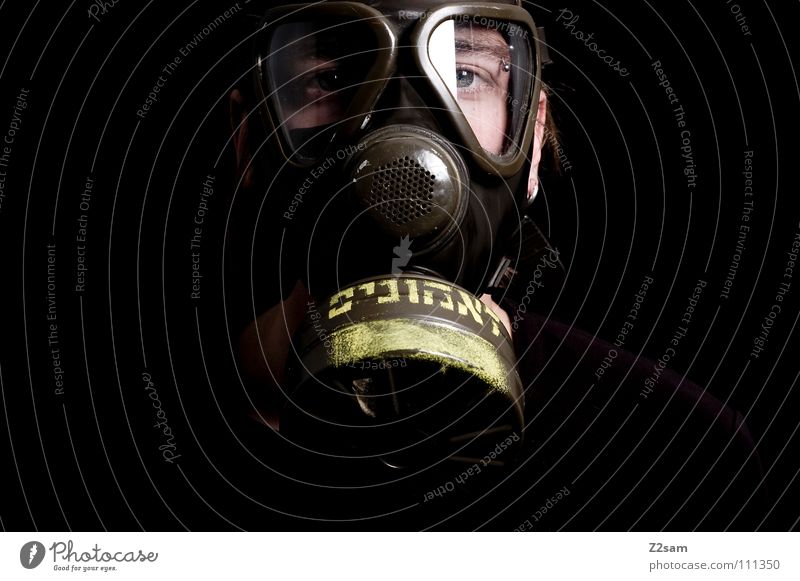 *SELF PROTECTION* Poison gas Carbon dioxide Respirator mask Protective clothing Suit Sterile Safety (feeling of) Portrait photograph Environment Air pollution