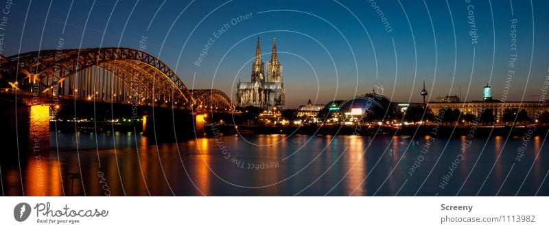 Postcard from Cologne #3 Water Sky Cloudless sky Sunrise Sunset Summer River Rhine Town Downtown Old town Skyline Church Dome Bridge Tourist Attraction Landmark