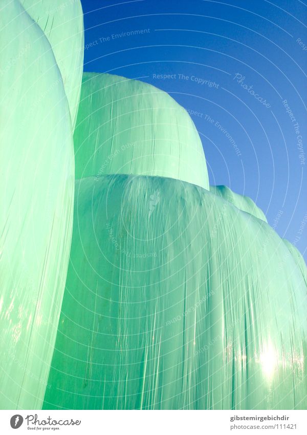 hay mountain Autumn Abstract Green Harvest Bale of straw Statue Plastic Sheath Stack Blue