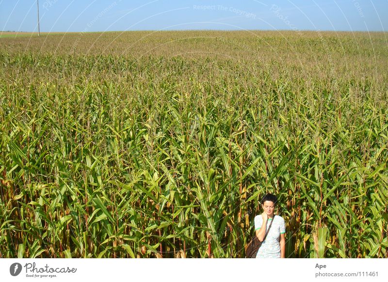 Out In The Green Field Near Woman Horizon Loneliness Infinity Structures and shapes Summer Bag Small Grief Think Dress Trust Far-off places Sky Blue Lady