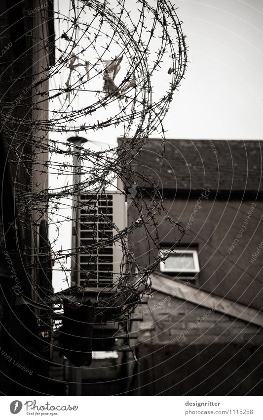 Everyday state of emergency Town House (Residential Structure) Wall (barrier) Wall (building) Window Roof Courtyard Backyard Fence Barbed wire Barbed wire fence