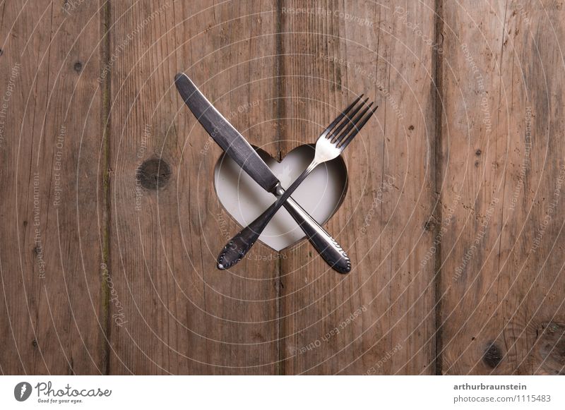 Meal...uncovered Nutrition Eating Cutlery Knives Fork Table Cook Wood Heart Lie Authentic Life Colour photo Studio shot Flash photo