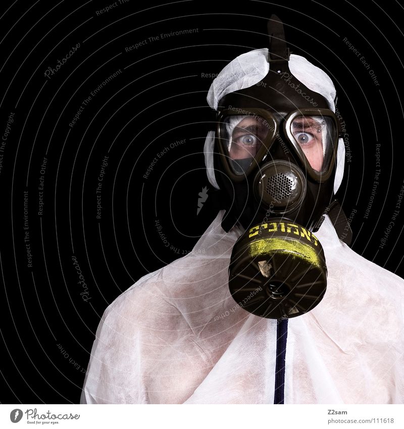 *SELF-PROTECTION* III Poison gas Carbon dioxide Respirator mask Protective clothing Suit Sterile Safety (feeling of) Portrait photograph Environment