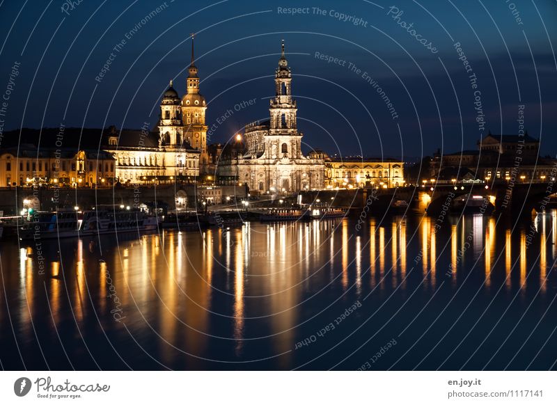 Gold and Silver Vacation & Travel Tourism Trip Sightseeing City trip Night life Lighting Sky Night sky River Elbe Dresden Saxony Germany Town Skyline Church