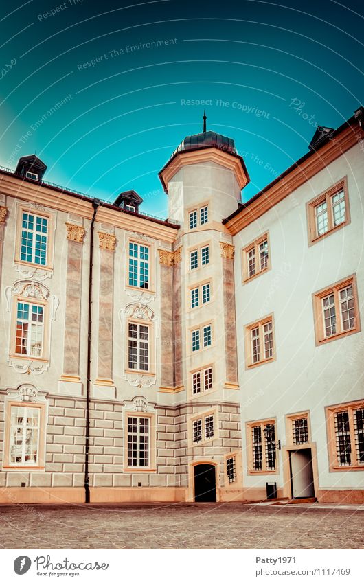 Baroque castle Ettlingen Tourism City trip illusion painting Baden-Wuerttemberg Germany Europe Small Town Castle Interior courtyard corner tower Retro