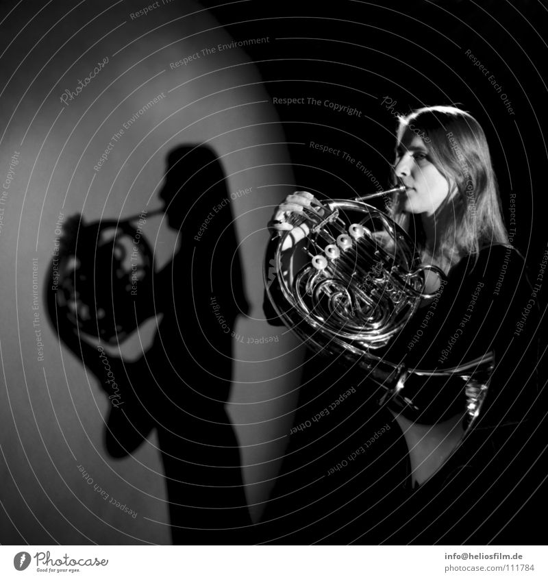 horn player Shadow play Wind instrument Light and shadow Concert Music Antlers Musical instrument Black & white photo