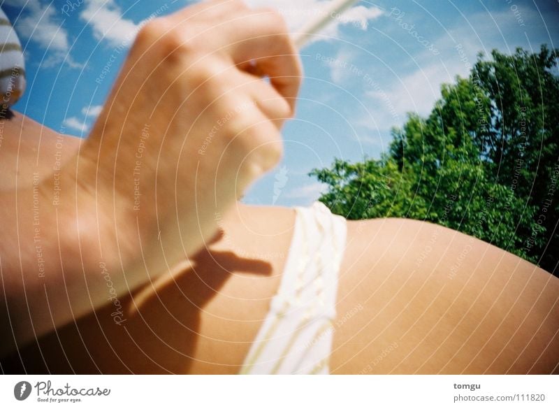 outdoor 2 Summer Open-air swimming pool Cigarette Tree Green Grass Woman Hand Clouds Bikini Lomography Smoking Sky Legs Blue