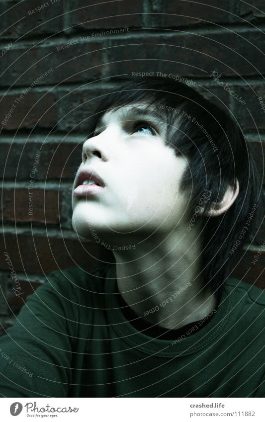 Looking Up Dark White Wall (barrier) Youth (Young adults) Style Above Upward Hair and hairstyles Face Nose Mouth Neck Boy (child) Contrast Face of a child