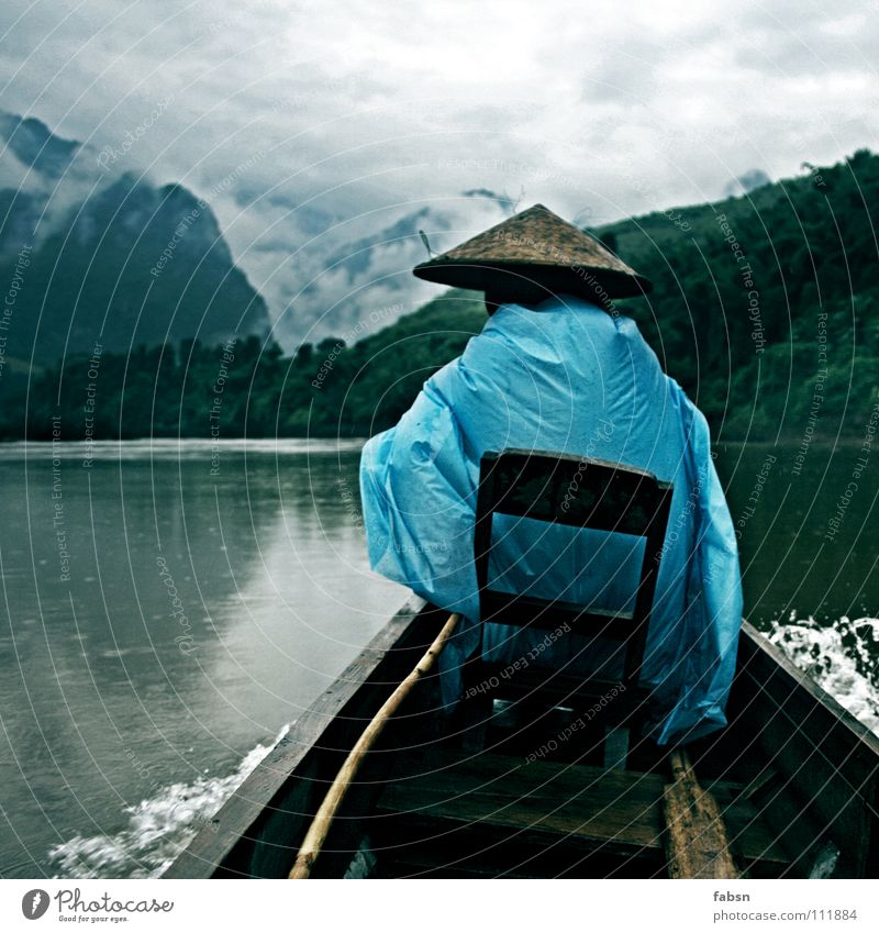 full moon Mountain Water Clouds Bad weather Rain Virgin forest Brook River Watercraft Hat Wood Simple Protection Driver Laos Practical Raincoat Plastic bag Asia