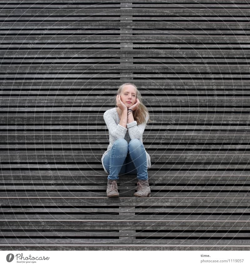 . Feminine Young woman Youth (Young adults) 1 Human being Manmade structures Steps Jeans Sweater Footwear Blonde Long-haired Observe Think Looking Sit Wait