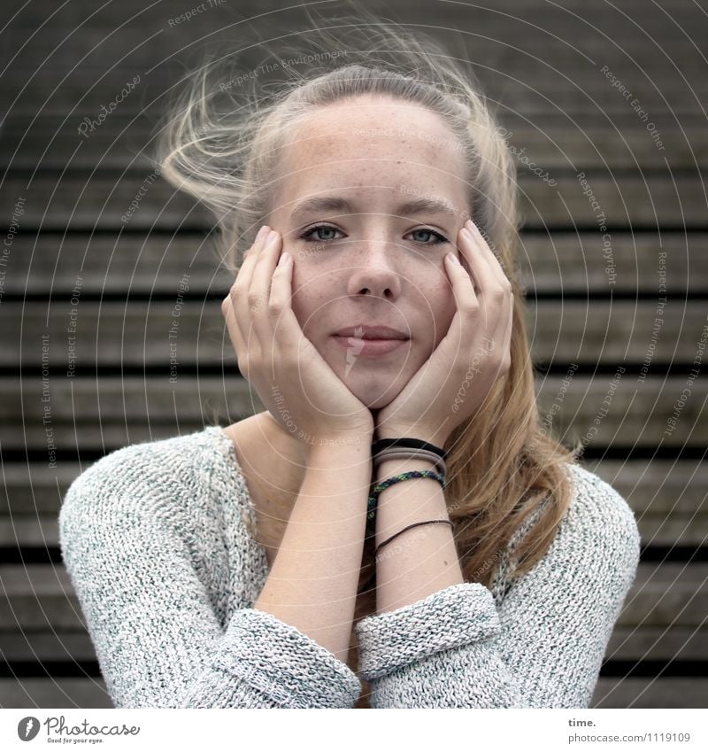 . Feminine Young woman Youth (Young adults) 1 Human being Stairs Sweater Accessory Bracelet Blonde Long-haired Observe Think Looking Wait Beautiful Contentment