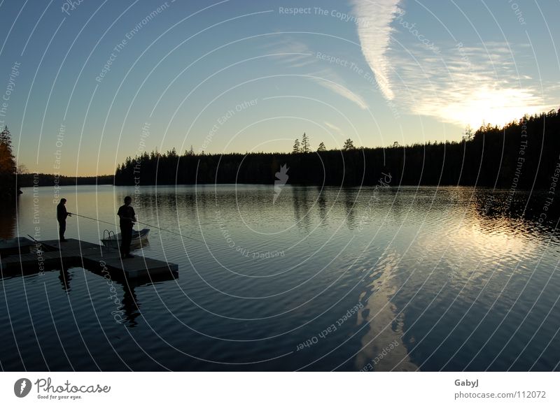 harmony Lake Angler Sunset Autumn sky Forest Reflection Clouds Fishing (Angle) Calm Harmonious Timeless Vacation & Travel Together Endurance Infinity Dangle Man