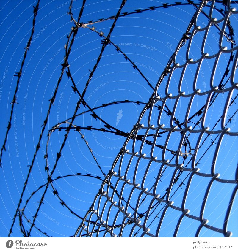 closed society Barbed wire Fence Barbed wire fence Captured Drift Wire netting Wire netting fence Bans Passage Dangerous Safety Border Barrier Public service