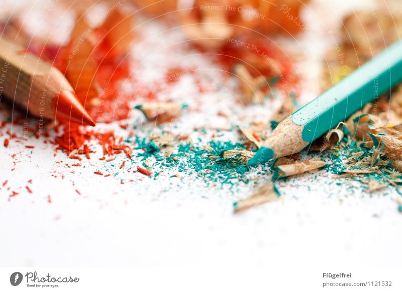 Says the large to the small pen ... Art Lie Crayon Point Sharpener Painting (action, artwork) Creativity Turquoise Orange Complementary colour Dirty Wood Crumbs