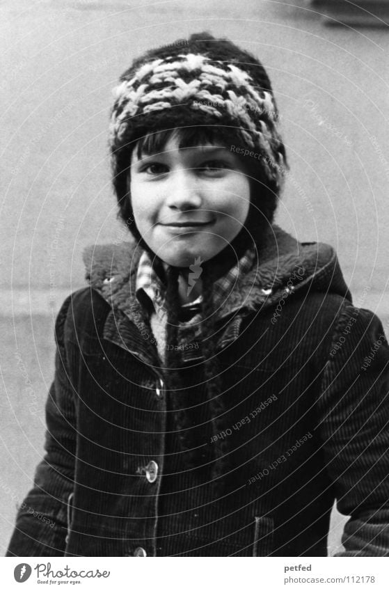 1980 Child Year Black White Winter Smart Cap Coat Past Seventies The eighties Girl Brave Self-confident Happiness Uniqueness Black & white photo Human being
