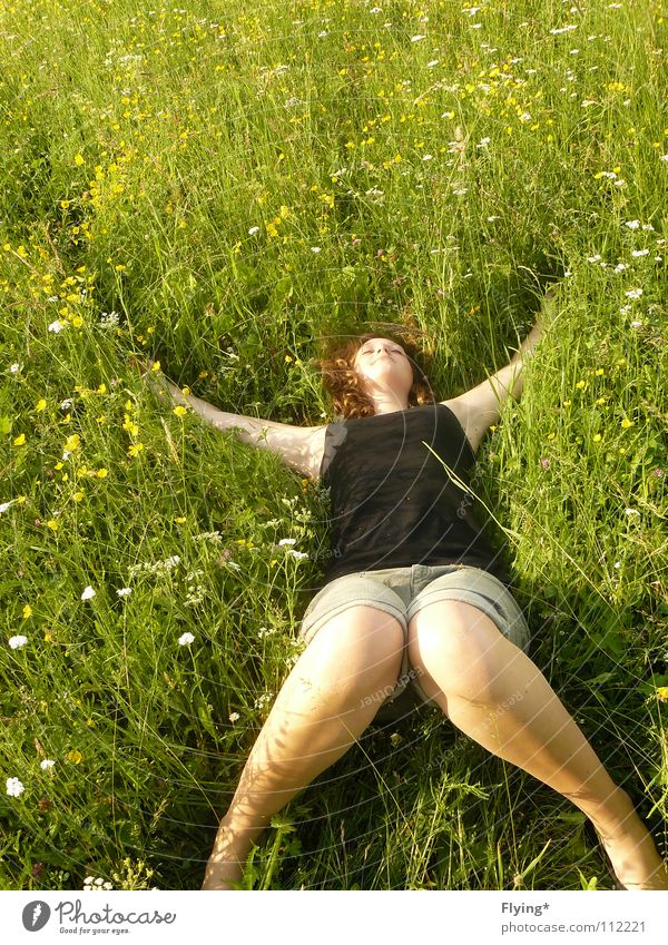 zest for life Grass Meadow Green Grass green Relaxation Summer Joie de vivre (Vitality) Pants Woman Flower Flower meadow Goof off To enjoy Time