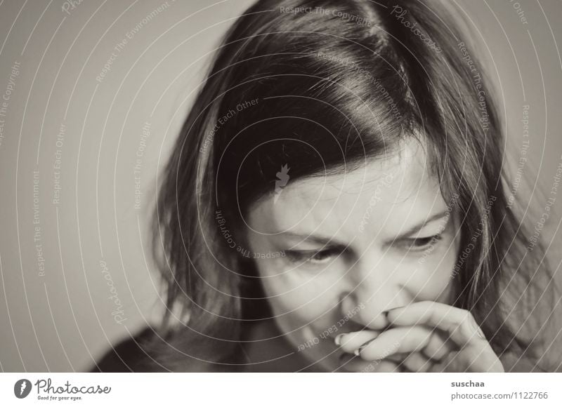 thinking too much isn't good either ... Woman Head Hair and hairstyles side parting Face Eyes Nose Eyebrow Fingers Hand Black & white photo