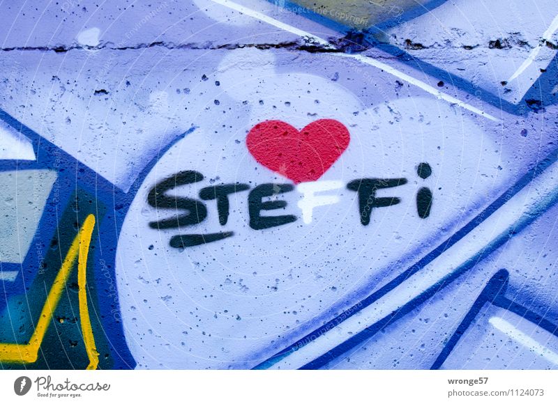 STEFFI Wall (barrier) Wall (building) Characters Town Multicoloured Love Infatuation Romance Graffiti Concrete wall Name Heart Colour photo Exterior shot