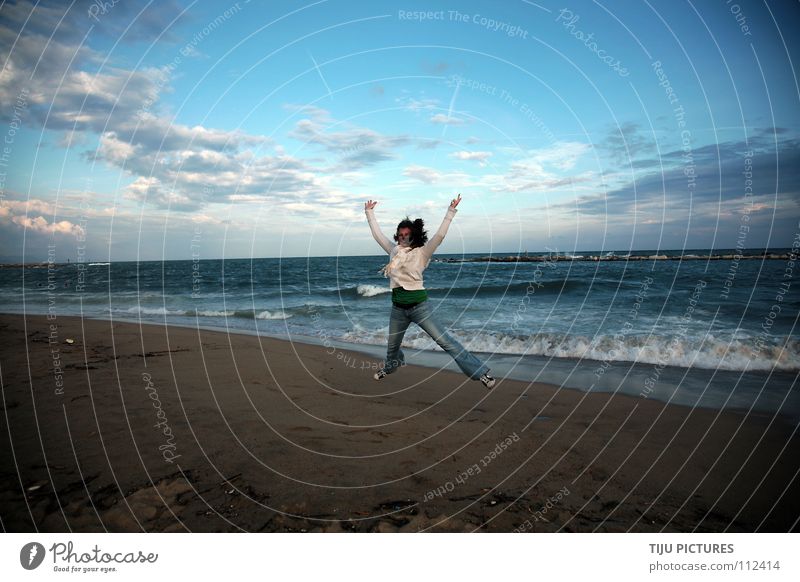 I'm FREE Jump Hop Clouds Moody Ocean Beach Coast Sea water Algae Barcelona Sky Waves White crest Success Free Freedom Joy Happy Blue Water Sand Hilke sea