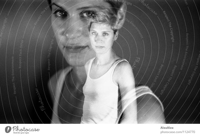analog, black and white double exposure of a young woman with white undershirt Room Young woman Youth (Young adults) Face 18 - 30 years Adults Shirt Blonde