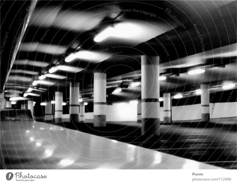 vanishing point Parking garage Night Black White Thriller Vanishing point Tunnel Contrast Architecture