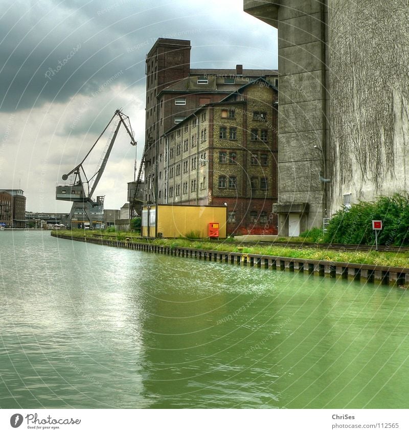 City harbour 1 Münster Mirror Reflection Crane Construction crane Watercraft Green Gray Clouds Algae New building Old building Work and employment Redecorate