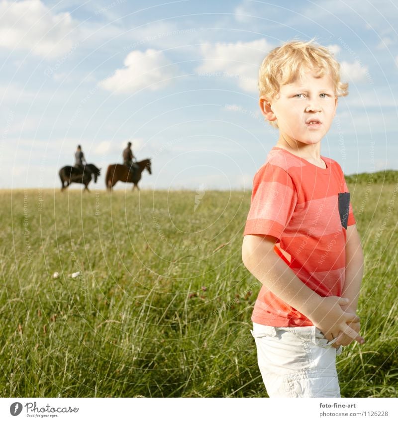 boy Masculine Child Boy (child) Infancy 1 Human being 3 - 8 years Landscape Sky Clouds Summer Grass Blonde Curl Horse 2 Animal Adventure Rider Field