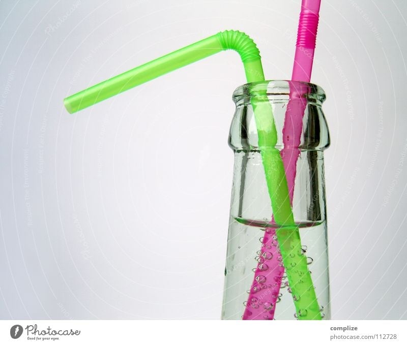 You look so bent again today! Copy Space left Isolated Image Multicoloured Straw Mineral water Bottle of mineral water Glass Violet Bilious green Clarity