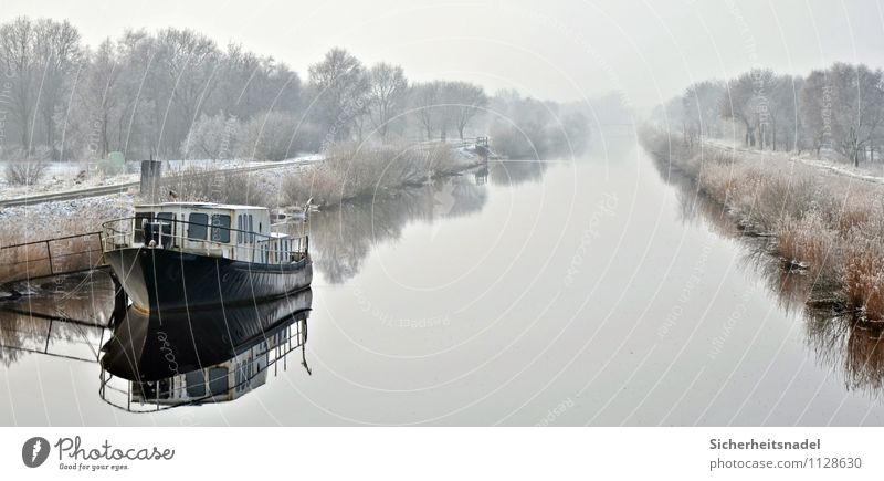 On the Hadelner Canal Water Winter Fog Ice Frost River bank Channel Navigation Boating trip Fishing boat Cold Exterior shot Reflection