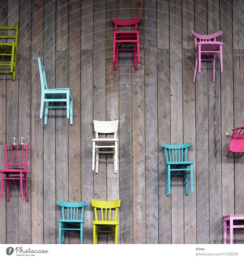 Shared apartment | you're welcome Chair Art Work of art Sculpture Wall (barrier) Wall (building) Wood Hang Exceptional Sharp-edged Together Multicoloured
