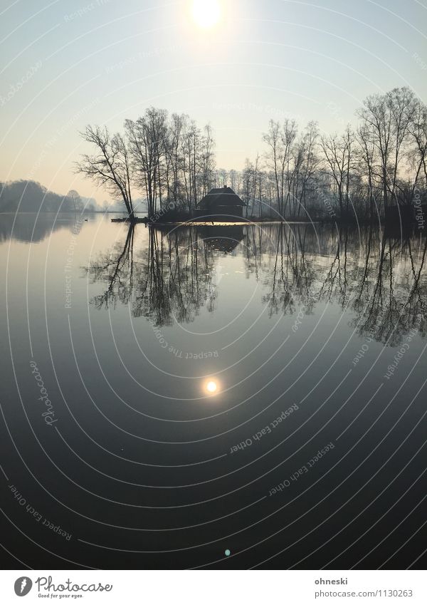 silent Landscape Cloudless sky Sunrise Sunset Sunlight Beautiful weather Tree Lakeside Bog Marsh House (Residential Structure) Hut Serene Calm Purity Grief