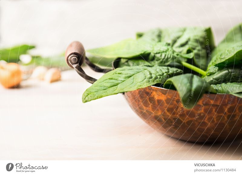 Old copper pot with fresh spinach leaves Food Vegetable Lettuce Salad Nutrition Lunch Dinner Organic produce Vegetarian diet Diet Pot Style Design