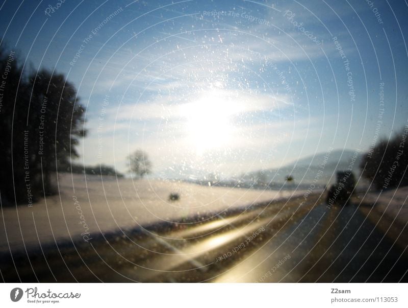 road to happiness II Country road Winter Light Tree Driving Glittering Yellow Traffic lane Sky Happy Lanes & trails Street Pole Mountain Alps Snow Blue Sun