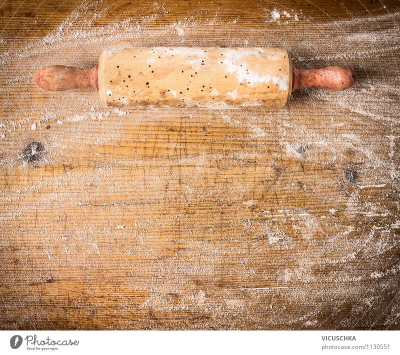 Old dough roll on wooden table with flour Food Dough Baked goods Nutrition Crockery Style Design Table Kitchen Background picture Vintage Equipment Cooking