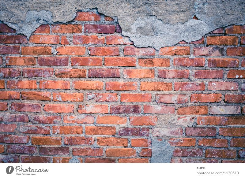 Open for new Wall (barrier) Wall (building) Facade Old Authentic Dirty Broken Naked Gray Red Decline Past Transience Background picture Brick Brick wall