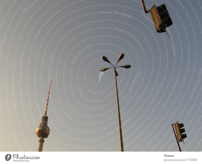 Light signal system controlled pedestrian crossing possibility Alexanderplatz Concrete Lantern Lamp Traffic light Landmark Antenna Monument Berlin TV Tower Sky