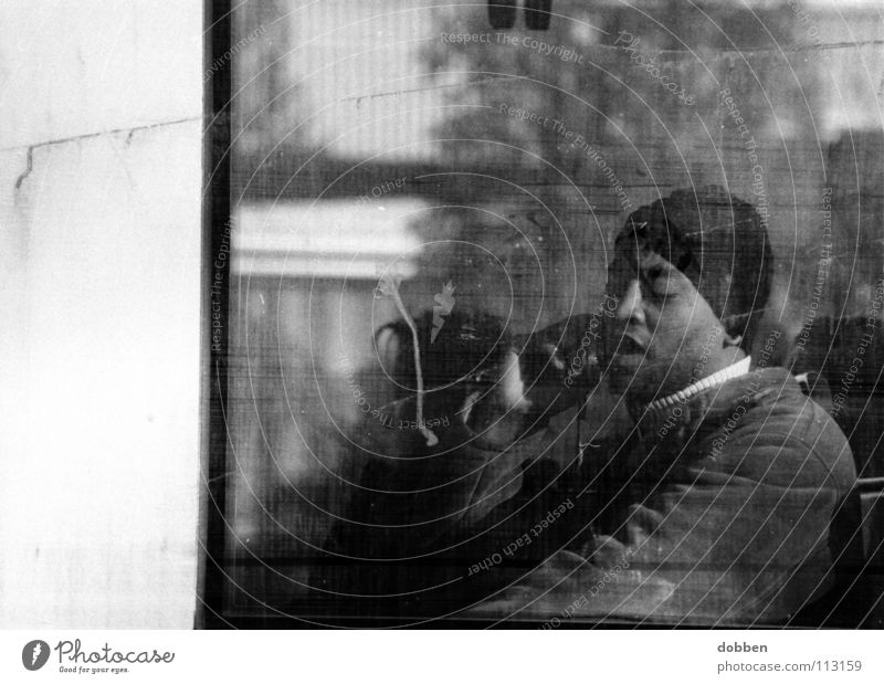 the second face... Man Cellphone Telephone Cap Window Dirty Sunglasses Cologne municipal transport system Black & white photo Communicate Railroad train driver