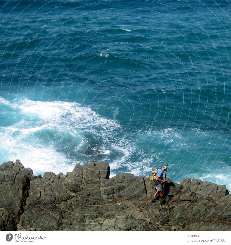 fisherman Ocean Wet Cliff Corner Stone Gentleman Man Angler Fishing (Angle) Fisherman Going Search Hiking Summer Leisure and hobbies Passion Waves Surf Current
