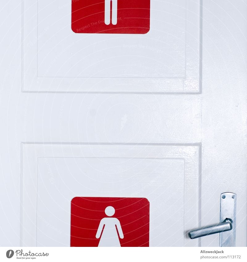 little place Urinal Woman Door handle Symbols and metaphors Feminine Ladies' bathroom Urinate Bowel movement Toilet White Red Bathroom Washhouse Signage