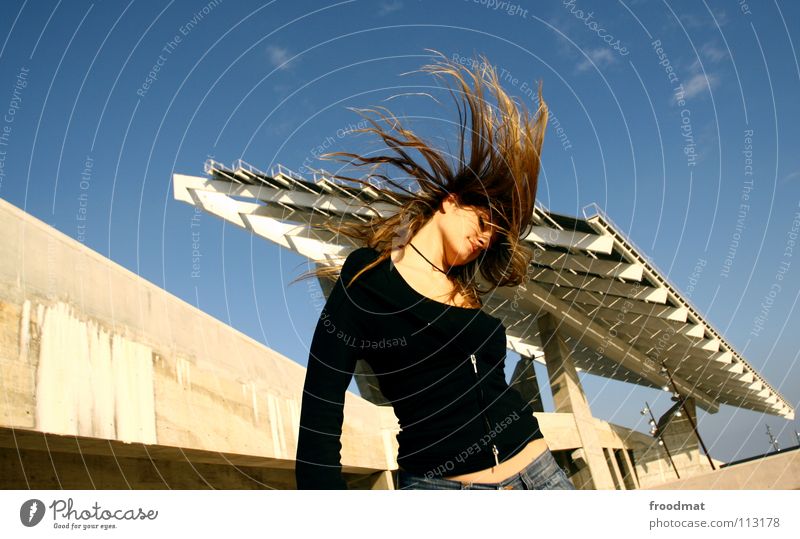 brine hair roof Action Dearest Beautiful Concrete Roof Party Diagonal Forum Blonde Swing Hair and hairstyles Splendid Sweet Woman Summer Flying Movement