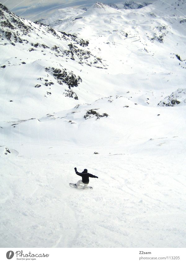 alone in the hall Austria Winter Snowscape Snowboarding Cold White Splendid Few Loneliness Deep snow Ski resort Snowboarder Swing Driving First Action