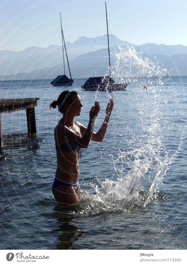 water feature Woman Youth (Young adults) Bikini Lake Back-light Short exposure Snapshot Reflection Sailboat Footbridge Austria Lake Attersee Playing Water