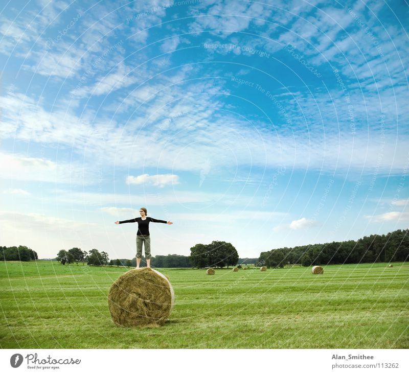 enjoying the nature Nature Meditation Blue sky Summer Jump Joy Woman meadow country side young woman bale hay green grass spread poor freedom Exterior shot