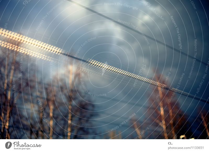 draft Environment Nature Sky Clouds Climate Weather Tree Transport Train travel Rail transport Train window Driving Movement Colour photo Deserted Reflection