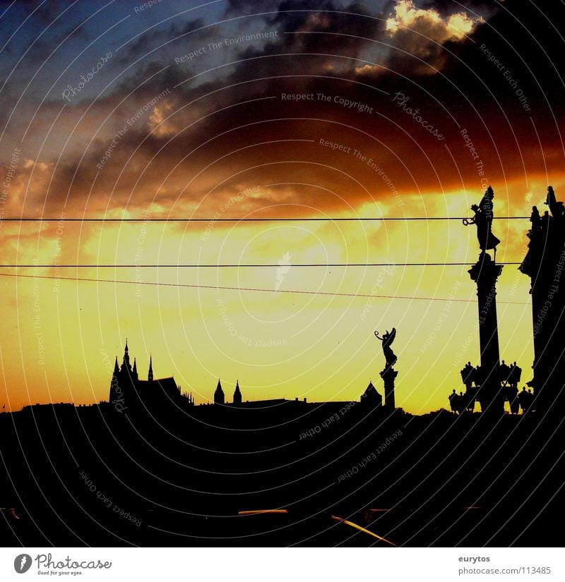 Prague Sunset Clouds Charles Bridge Czech Republic Town Black Physics Burn Glow Horizon Peace Evening Castle Religion and faith Monastery Warmth Sky Landscape