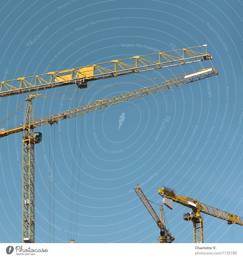 Build up, build up, build up! Construction site Crane Metal Stand Elegant Friendliness Thin Blue Yellow Contentment Power Change Luxury Sky Skyward Connection