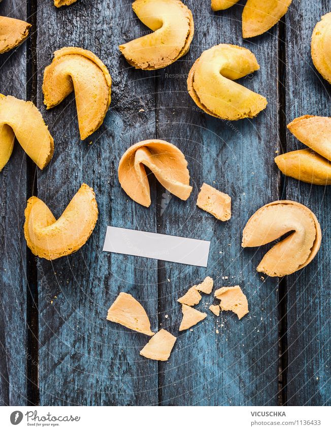 Open fortune cookies with paper strips Dessert Lifestyle Style Design Entertainment Restaurant Feasts & Celebrations Sign Moody Joy Happy Protection Wisdom